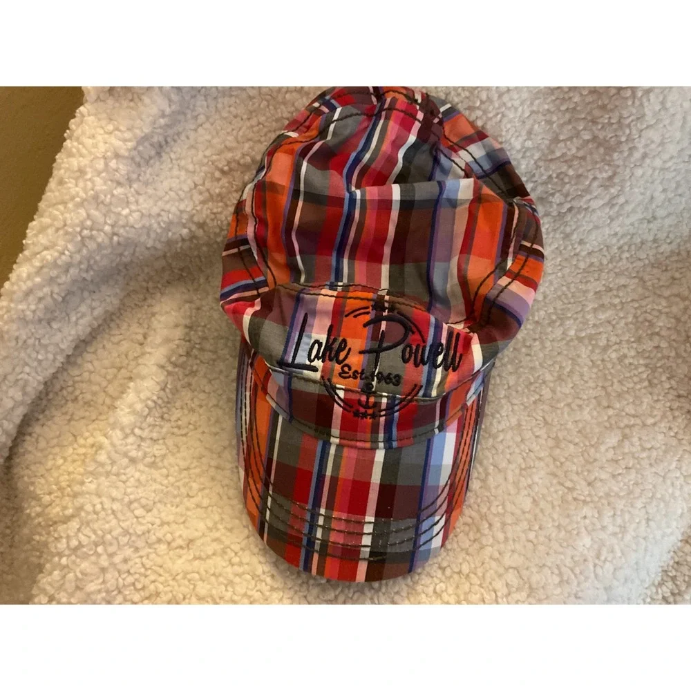 Lake Powell Polar Graphics USA Plaid Cadet Hat Orange Red Blue Embroidered Cap